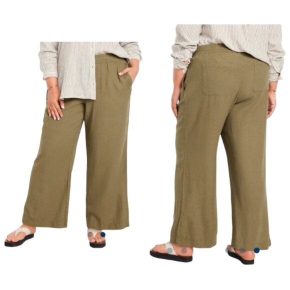 Old Navy Plus Green High-Rise Wide Leg Pants Linen Blend Casual Pockets - Picture 1 of 13